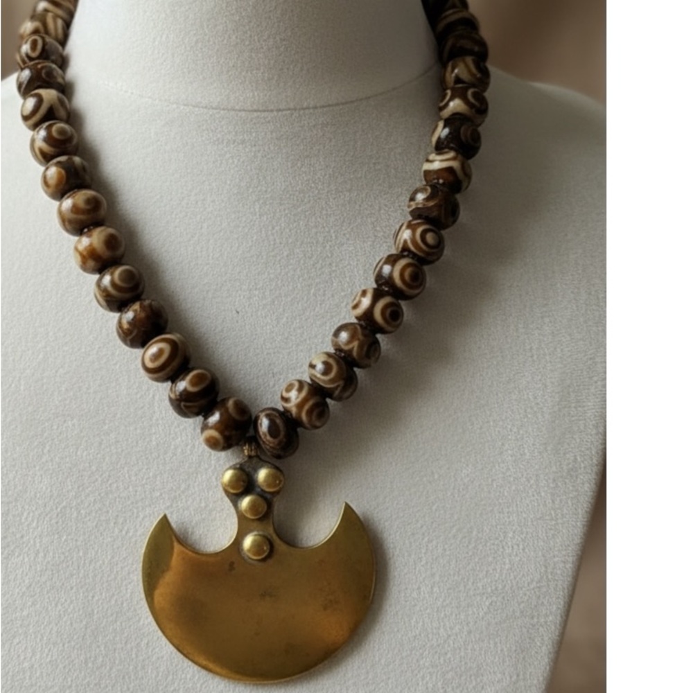 Large Tribal Dzi Style Beaded Necklace w/Heavy Brass Pendant-Boho Statement